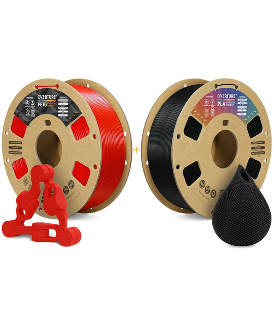 OVERTURE 3D Printer Filament 2kg, PETG Filament and PLA Filament Fit Most FDM 3D Printers, 1kg per Spool, Pack of 2, PETG Red+PLA Black