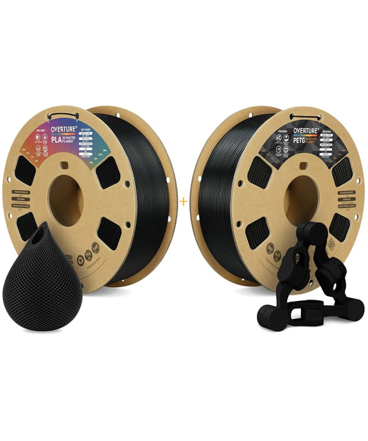 OVERTURE 3D Printer Filament 2kg, PLA Filament and PETG Filament Fit Most FDM 3D Printers, 1kg per Spool, Pack of 2, PLA Black+PETG Black