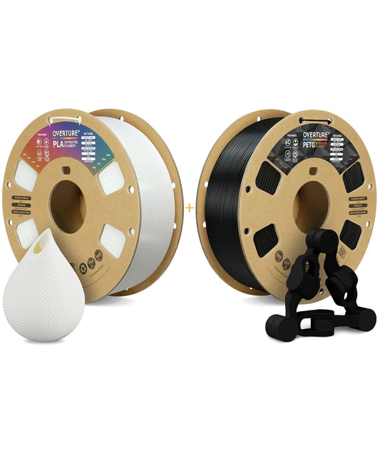 OVERTURE 3D Printer Filament 2kg, PLA Filament and PETG Filament Fit Most FDM 3D Printers, 1kg per Spool, Pack of 2, PLA White+PETG Black