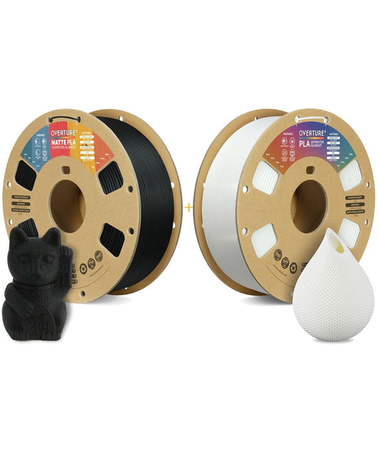 OVERTURE 3D Printer Filament 2kg, Matte PLA Filament and PLA Filament Fit Most FDM 3D Printers, 1kg per Spool, Pack of 2,Matte PLA Black+PLA White