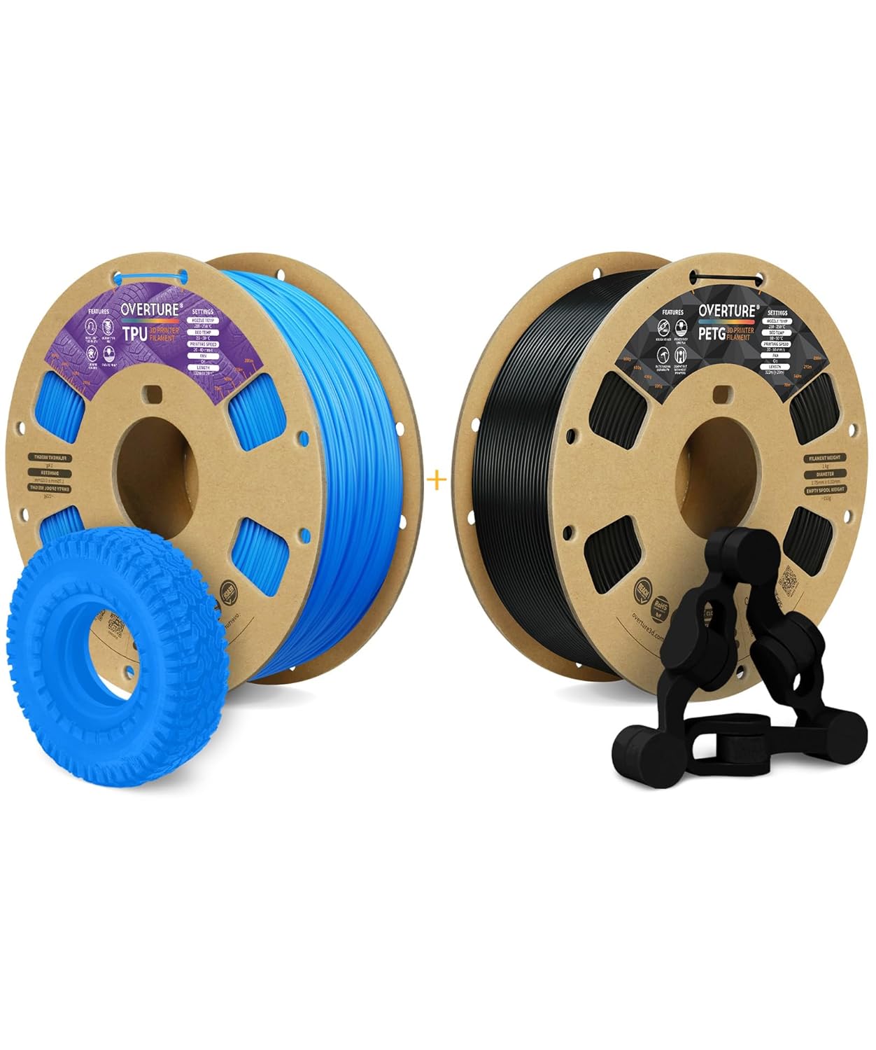 OVERTURE 3D Printer Filament 2kg, TPU Filament and PLA Filament Fit Most FDM 3D Printers, 1kg per Spool, Pack of 2,TPU Digital Blue+PETG Black