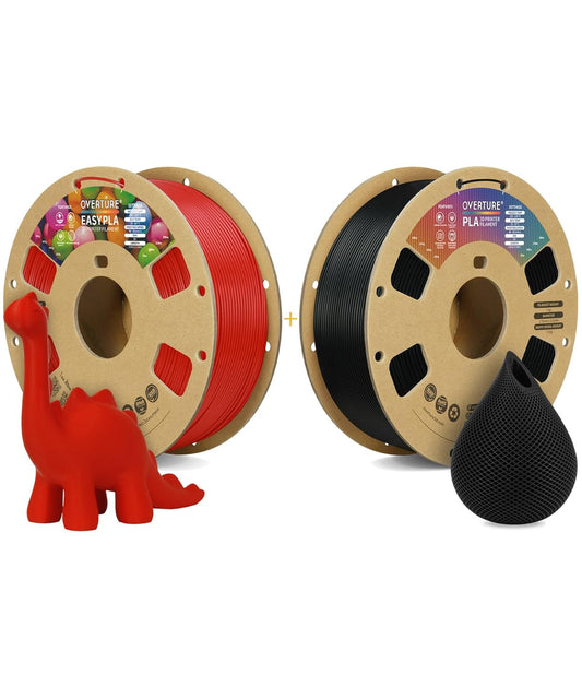 OVERTURE 3D Printer Filament 2kg, Easy PLA FilamentFit Most FDM 3D Printers, 1kg per Spool, Pack of 2, Easy PLA Easy Red+PLA Black