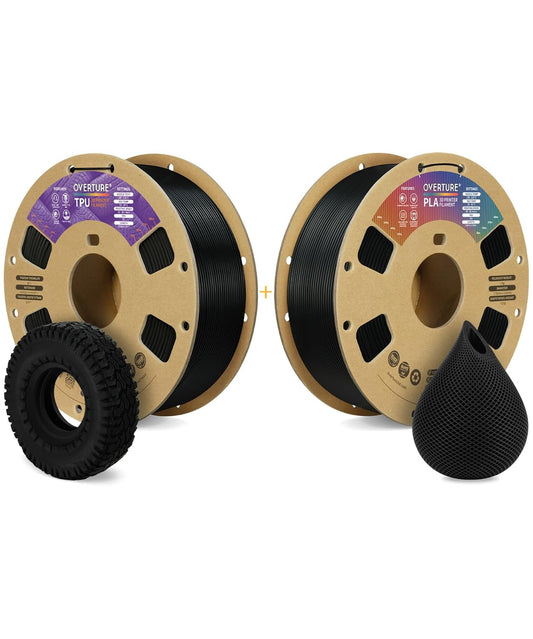 OVERTURE 3D Printer Filament 2kg, TPU Filament and PLA Filament Fit Most FDM 3D Printers, 1kg per Spool, Pack of 2,TPU Black+PLA Black