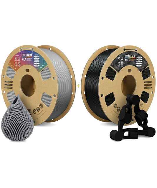 OVERTURE 3D Printer Filament 2kg, PLA Filament and PETG Filament Fit Most FDM 3D Printers, 1kg per Spool, Pack of 2, PLA Light Gray+PETG Black