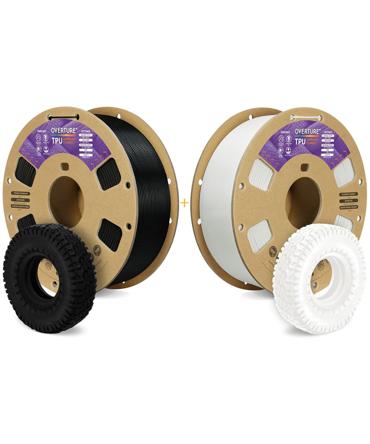 OVERTURE 3D Printer Filament 2kg, TPU, 1kg per Spool, Pack of 2, Black & White