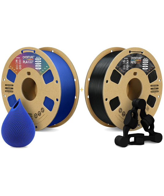 OVERTURE 3D Printer Filament 2kg, PLA Filament and PETG Filament Fit Most FDM 3D Printers, 1kg per Spool, Pack of 2, PLA Blue+PETG Black