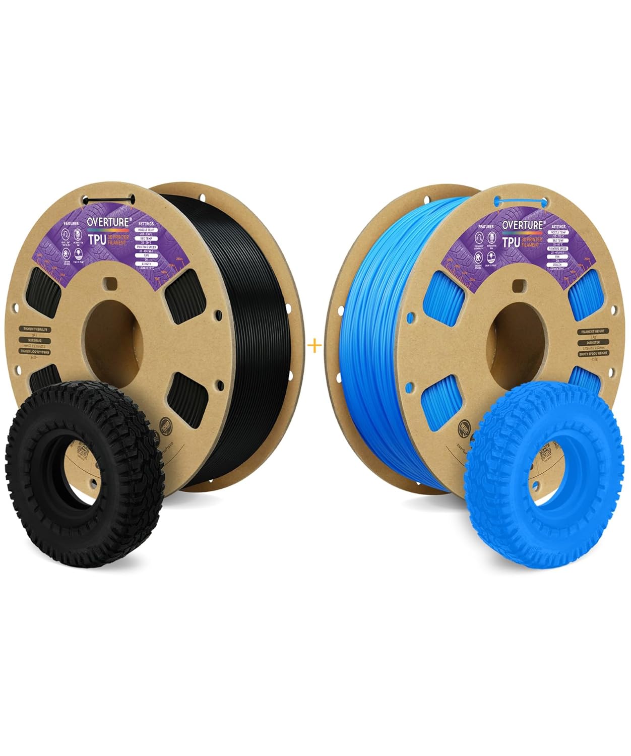 OVERTURE 3D Printer Filament 2kg, TPU, 1kg per Spool, Pack of 2, Black & Digital Blue