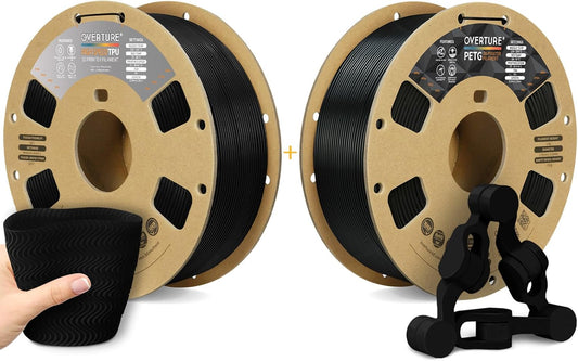OVERTURE 3D Printer Filament 2kg, High Speed TPU Filament and PLA Filament Fit Most FDM 3D Printers, 1kg per Spool, Pack of 2,High Speed TPU Black+PETG Black