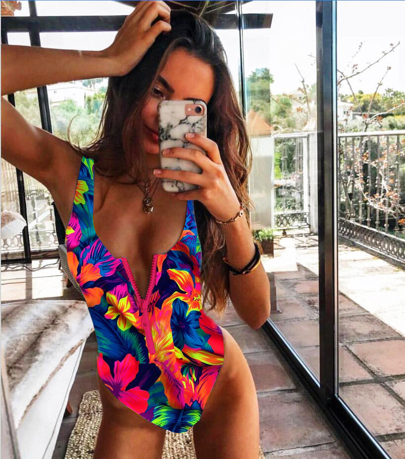 Ladies zipper sexy one-piece printed swimsuit women swimwear