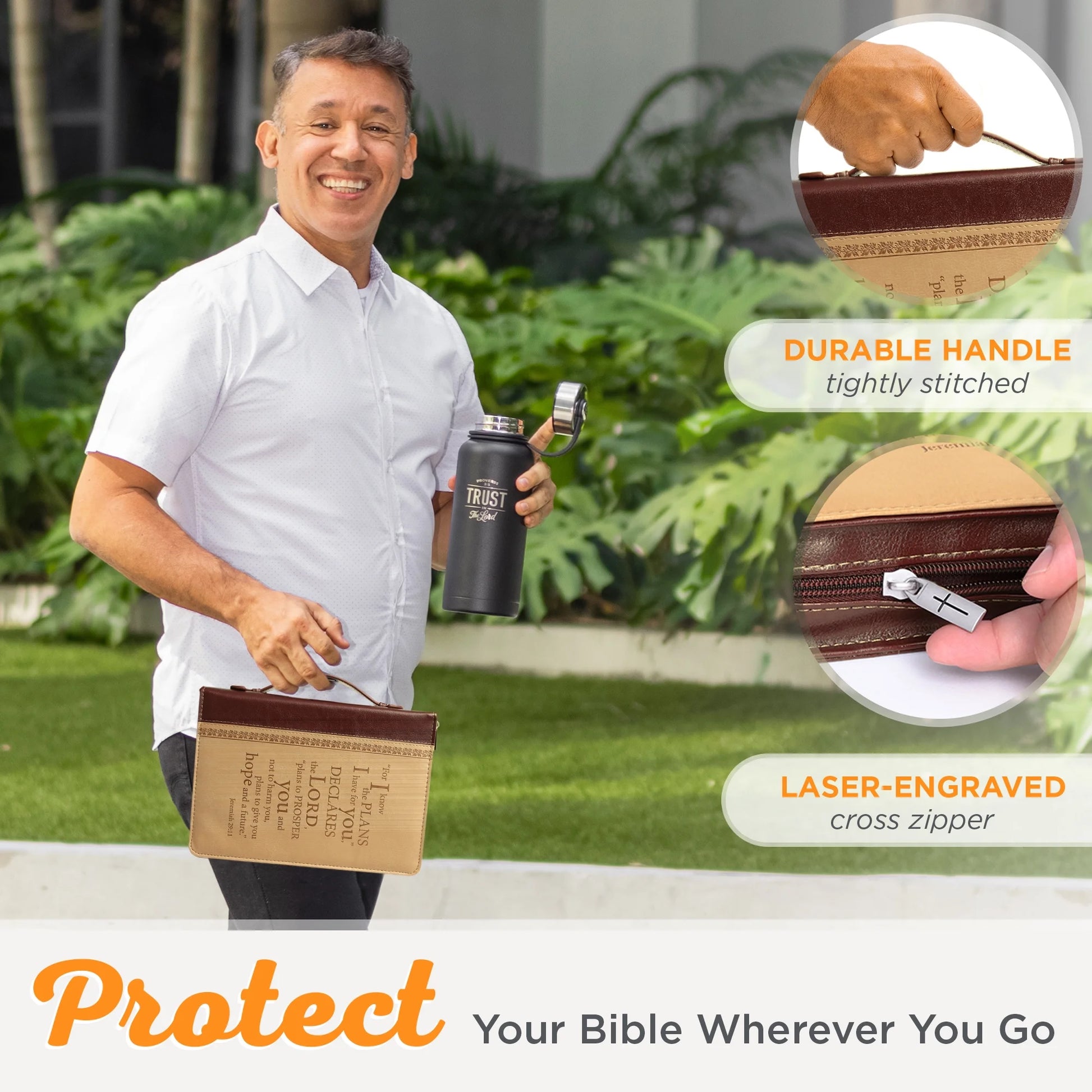 Christian Art Gifts Tan Faux Leather Bible Cover for Men and Women I Know the Plans - Jeremiah 29:11 Zippered Case for Bible or Book with Handle, Extra Large