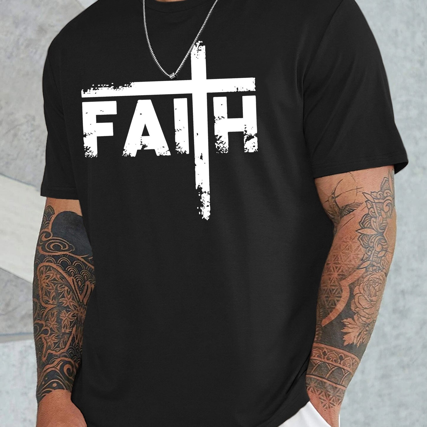 Large Men's Casual Fashion Sports T-shirt, Faith Pattern Round Neck Comfortable T-shirt Summer Clothing