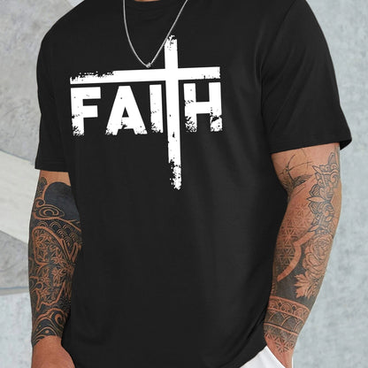 Large Men's Casual Fashion Sports T-shirt, Faith Pattern Round Neck Comfortable T-shirt Summer Clothing