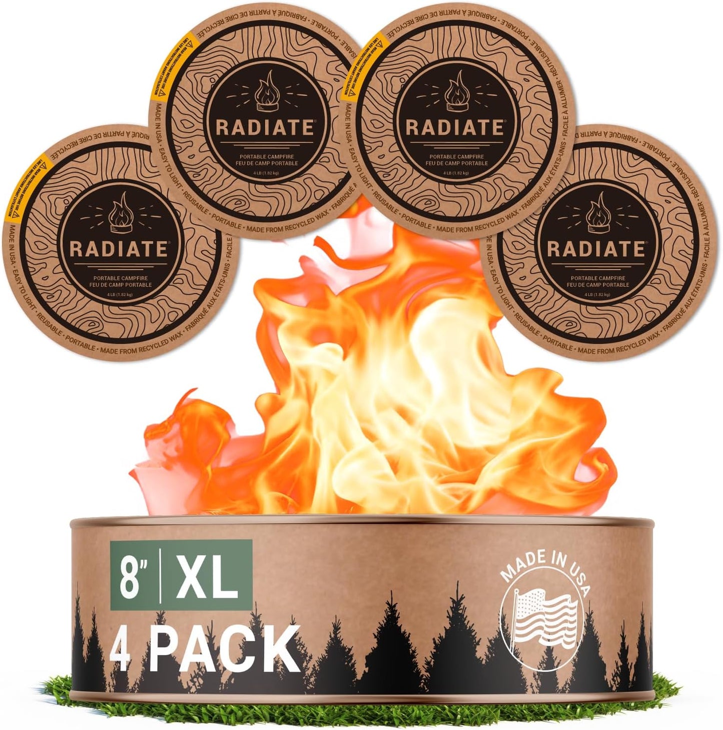 Radiate 4 Pack XL 8" Portable Campfire as Seen on Shark Tank - up to 5 Hours of Burn Time, Reusable Travel Fire Pit for Camping, Patios and Beach Days - Great Alternative to a Real Fire - Made in USA