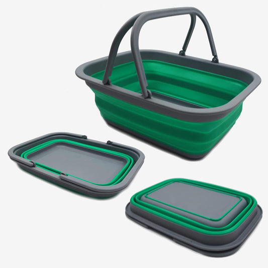 SAMMART 9.2L (2.37Gallon) Collapsible Tub with Handle - Portable Outdoor Picnic Basket/Crater - Foldable Shopping Bag - Space Saving Storage Container (1, Grey/Bluish-Green)