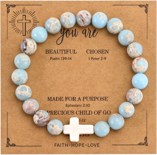 VIBILIA Beaded Bracelets for Women, Inspirational Cross Bracelet for Women, Natural Gemstone Jesus Bracelet, Christian Gifts for Mom, Daughter, Wife, Sister, Friend Birthday Mother's Day