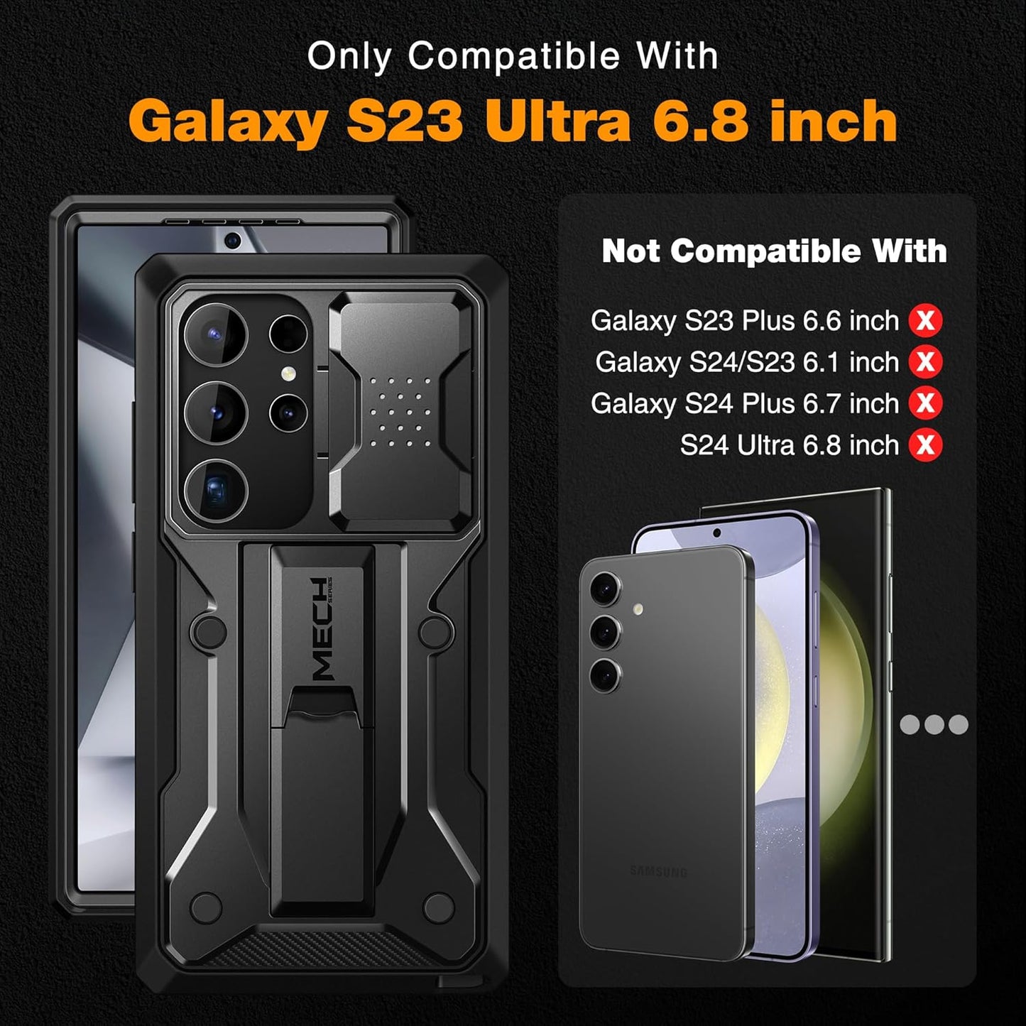 TONGATE for Samsung Galaxy S23 Ultra Case, [Built-in Slide Camera Cover & Screen Protector] [2 Front Frame] Military Grade Shockproof S23 Ultra Phone Case with Kickstand & Belt-Clip 6.8", Black