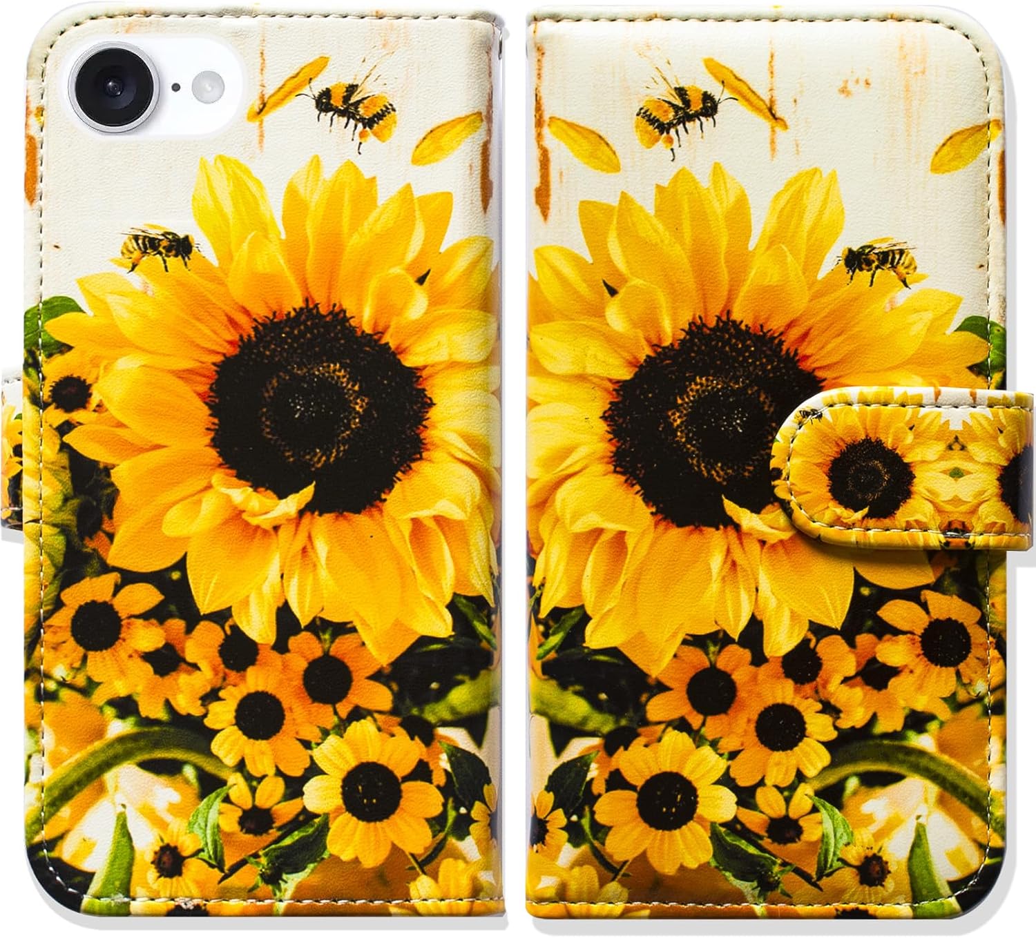 Case for iPhone 16e,Sunflower Bee Flip Phone Case Wallet Cover with Card Slot Holder Kickstand Case for iPhone 16e