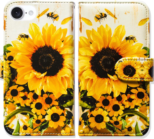 Case for iPhone 16e,Sunflower Bee Flip Phone Case Wallet Cover with Card Slot Holder Kickstand Case for iPhone 16e