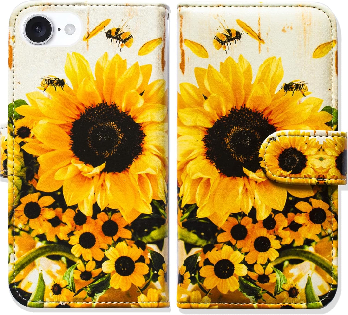 Case for iPhone 16e,Sunflower Bee Flip Phone Case Wallet Cover with Card Slot Holder Kickstand Case for iPhone 16e