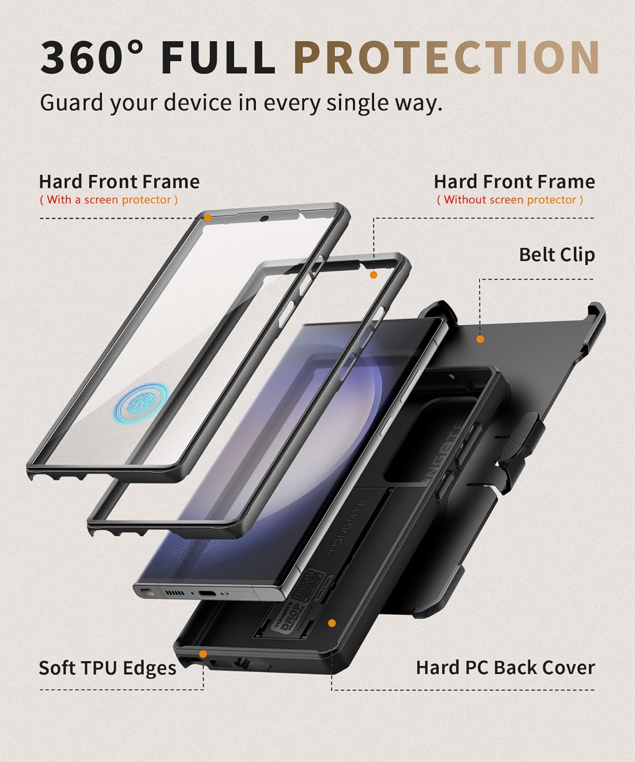 TONGATE for Samsung Galaxy S23 Ultra Case, [Built-in Slide Camera Cover & Screen Protector] [2 Front Frame] Military Grade Shockproof S23 Ultra Phone Case with Kickstand & Belt-Clip 6.8", Black