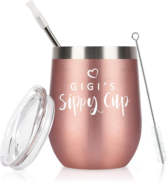 GINGPROUS Grandma Gift-Gigi'S Sippy Cup Wine Tumbler with Lid and Straw, Gifts for Grandma Gigi Grandmother Mother'S Day Birthday Christmas, Insulated Stainless Steel Wine Tumbler (12Oz, Rose Gold)