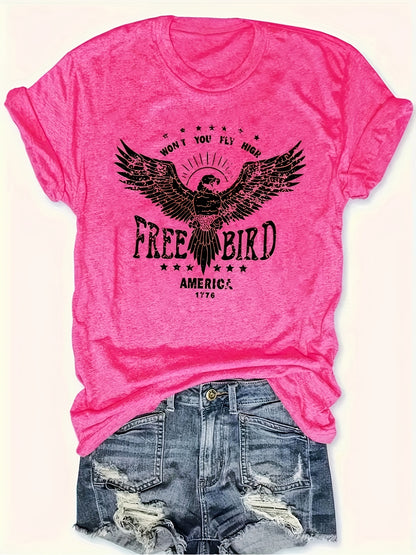 Eagle Minimalist Letter Pattern Printed Plus Size T-shirt, Casual Round Neck Summer Short Sleeved Women's Top