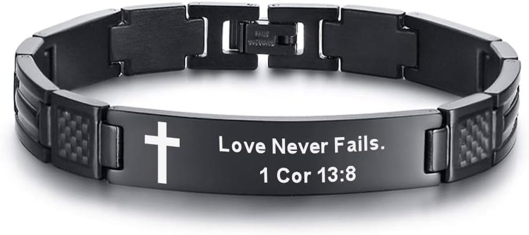 MEALGUET Stainless Steel Religous Scripture Quote Faith Christian Bible Verse Inspirational Cross Carbon Fiber Link Bracelet for Men