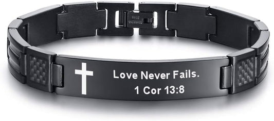 MEALGUET Stainless Steel Religous Scripture Quote Faith Christian Bible Verse Inspirational Cross Carbon Fiber Link Bracelet for Men