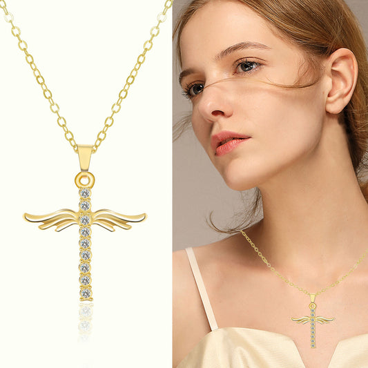 Angel Wings Cross Pendant Necklace For Woman With O Type Stainless Steel Chain Necklace Jewelry Gift