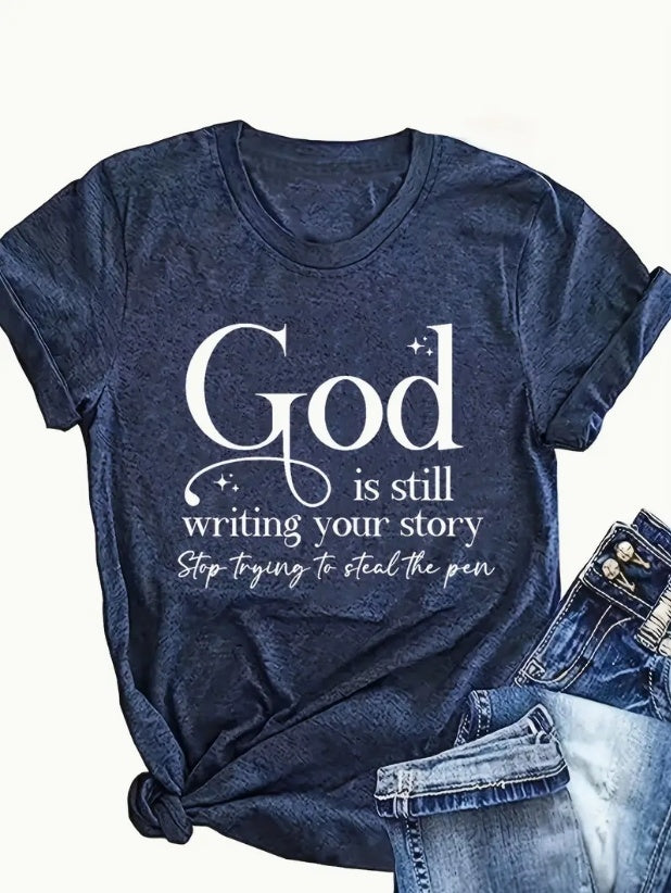 English Letters - Printed Round Neck T-Shirt Casual And Loose - Daily Wear - Women's Clothing