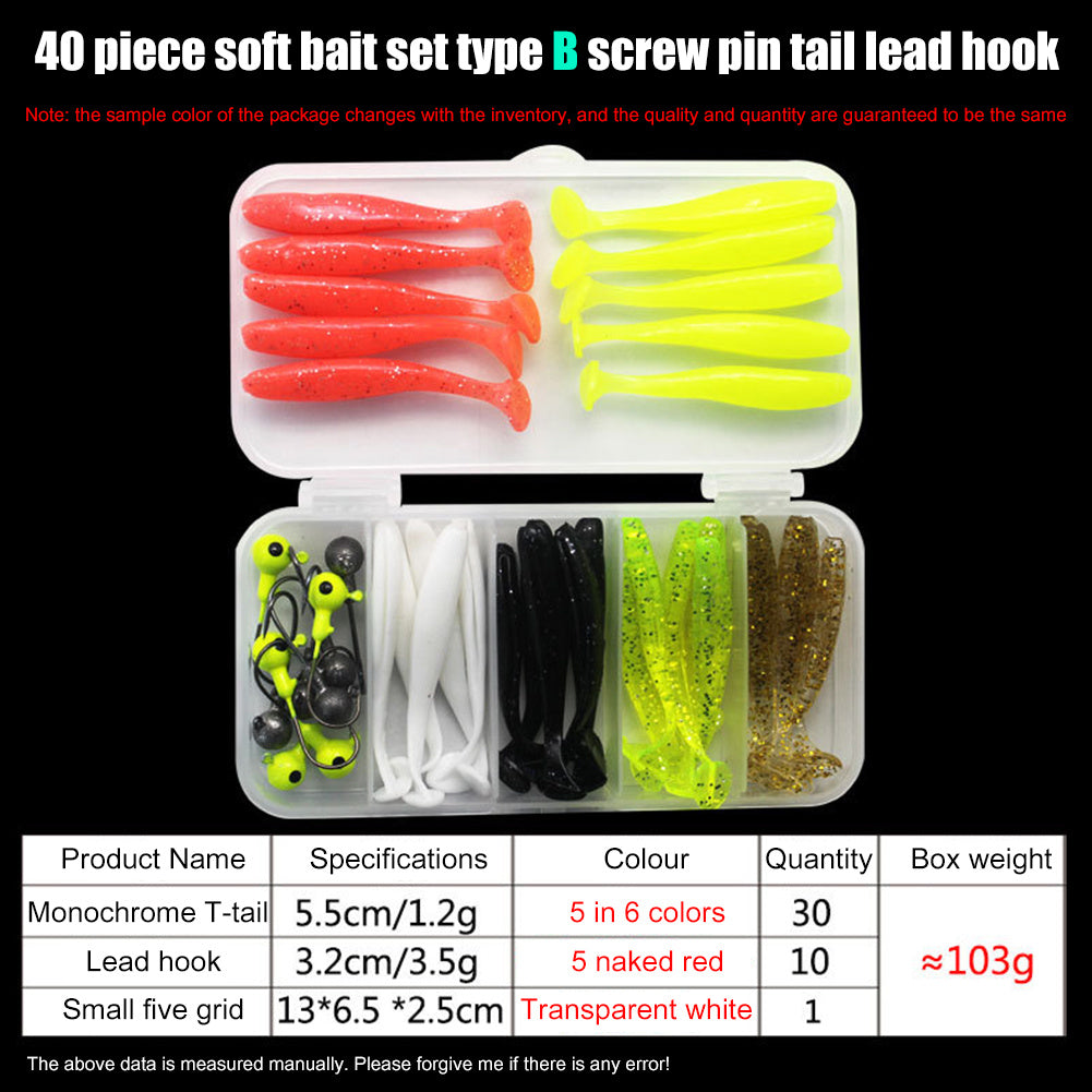 40 Pieces Soft Bait Worm Set Transparent Five Lattice Box