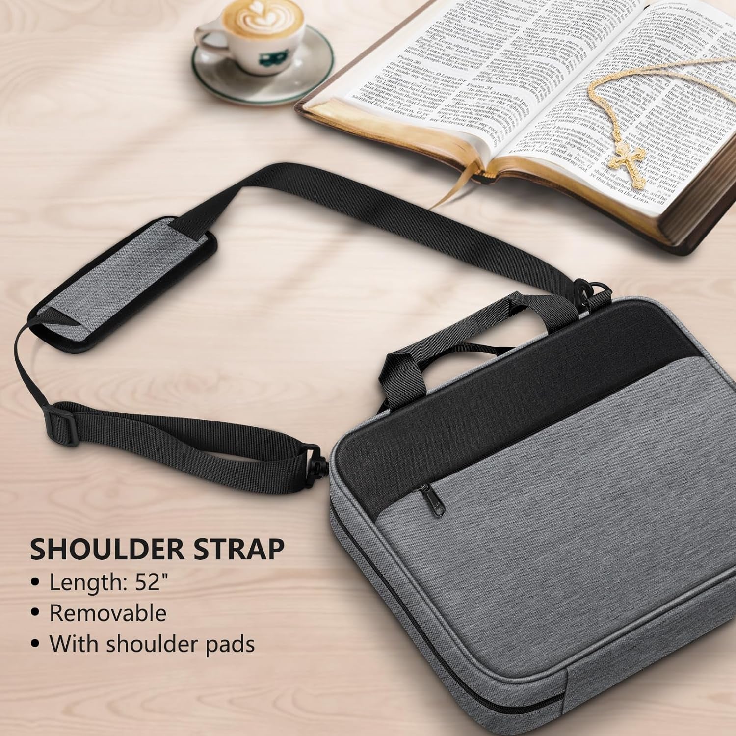 FINPAC Extra Large Bible Cover, Carrying Book Case Church Bag Bible Protective with Detachable Shoulder Strap & Zippered Pocket, Gift for Men Women, Gray