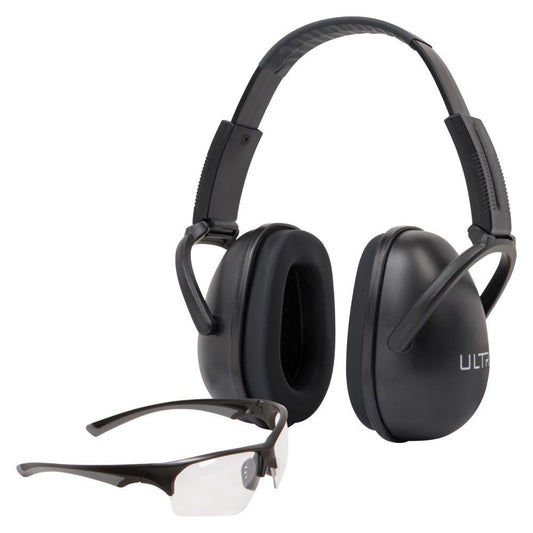 Allen Ear &amp; Eye Combo Kits Allen ULTRX Blocker Eye & Ear Protection Combo Passive Ear Muffs 23dB Black Shooting Glasses Clear with Black Frames
