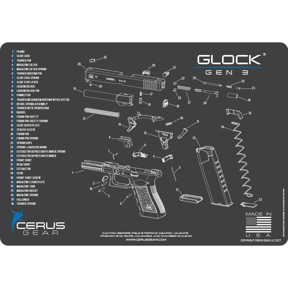 Cerus Gear Gun Cleaning Mats Cerus Gear 12x17 Glock Gen3 Schematic ProMat - Gray