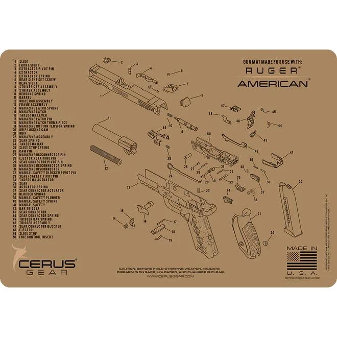 Cerus Gear Cleaning Mats|Gun Cleaning Mats Cerus Gear Ruger American Handgun Schematic Cleaning Mat 12x17 Coyote Brown