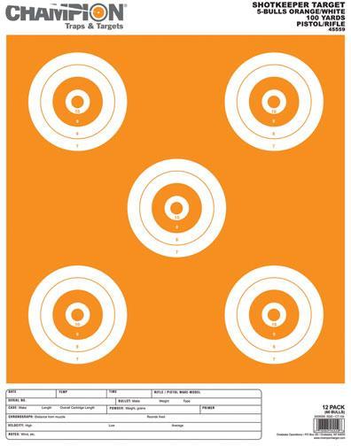 Champion Paper Targets Champion Shotkeeper Targets White & Orange 5 Bull Large 12/Pack