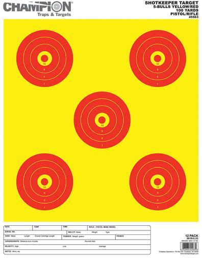 Champion Paper Targets Champion Shotkeeper Targets Yellow & Red 5 Bull Large 12/Pack