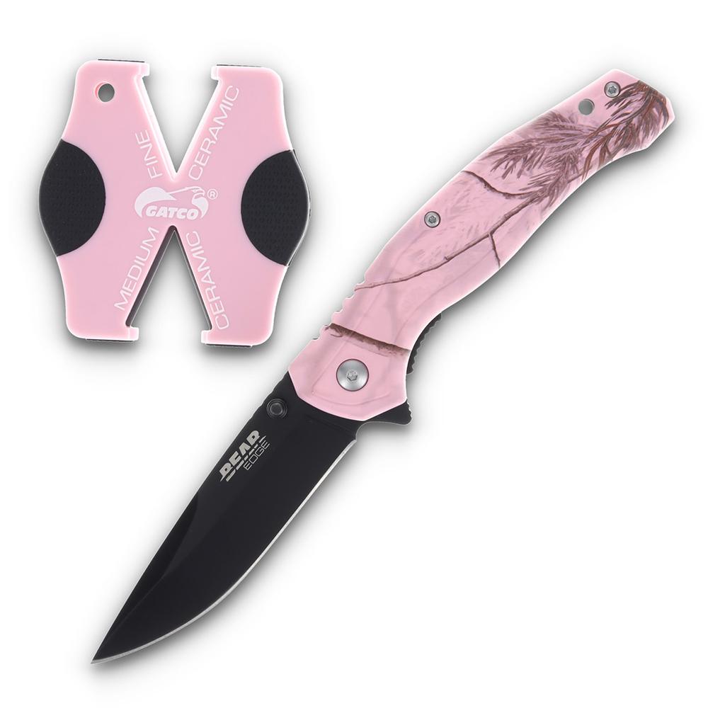 Bear & Son Cutlery Knives Bear & Son Cutlery Bear & Son Edge Brisk 2.0 Folding Knife & Sharpener Combo Drop Point Blade Pink Camo