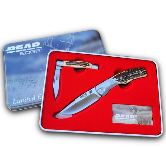 Bear & Son Cutlery Knives Bear & Son Cutlery Bear & Son Limited Edition Gift Tin Two Folding Knife Combo Set Stag Delrin