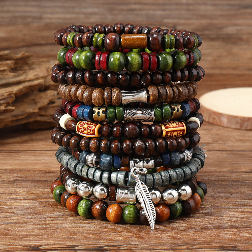 22 Bohemian Retro Wooden Bead Bracelet Suit