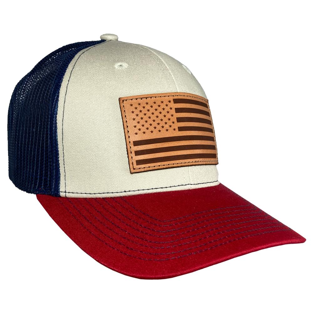 Outdoor Cap Company Caps Hats &amp; Beanies|Hats|Clothing &amp; Footwear Outdoor Cap Company Outdoor Cap Stone/Navy/Cardinal Trucker With USA Flag Leather Patch