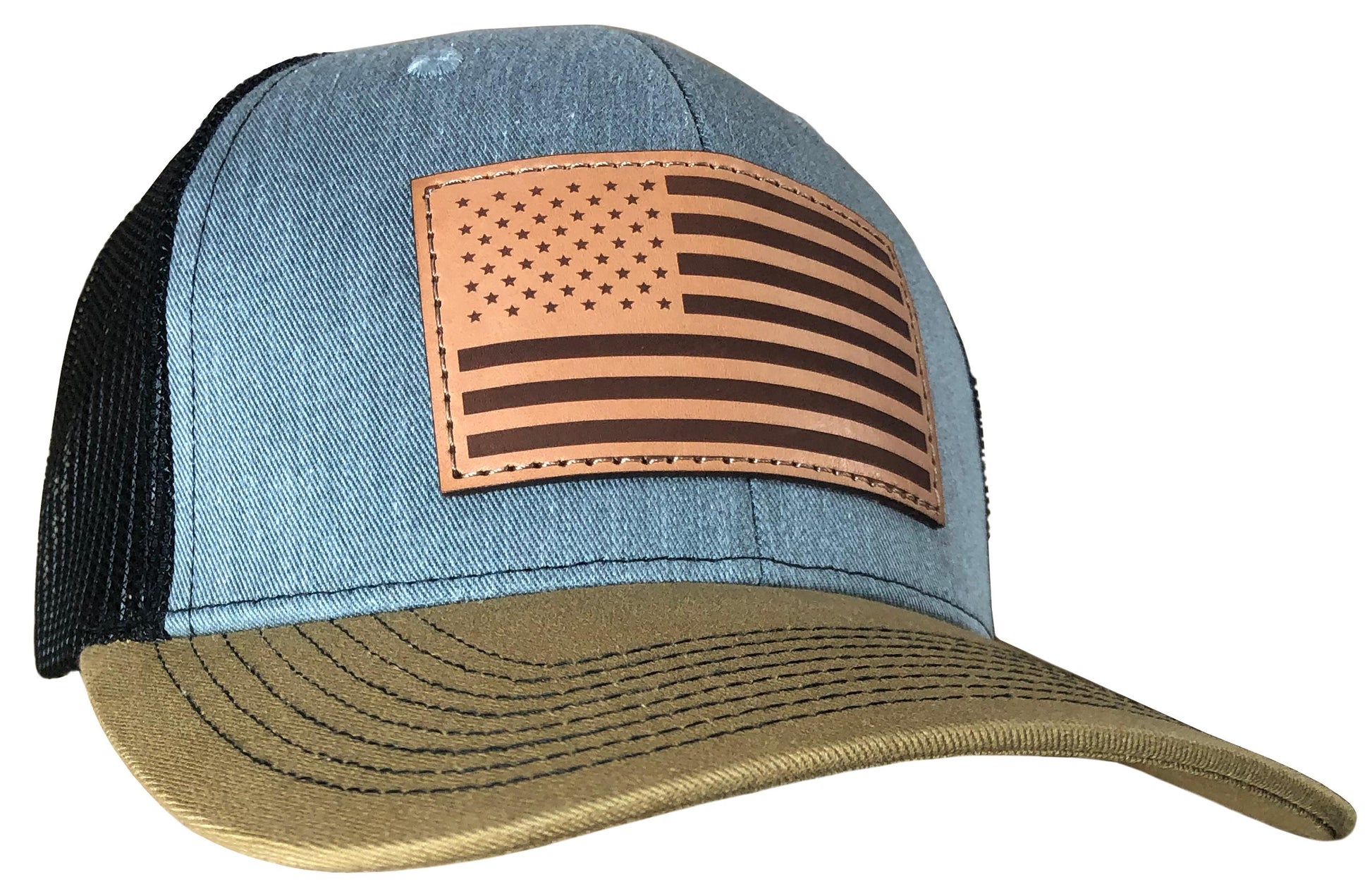 Outdoor Cap Company Caps Hats &amp; Beanies|Hats Outdoor Cap Company Outdoor Cap Heathered Grey/Blk/ Old Gold Trucker With USA Flag Leather Patch