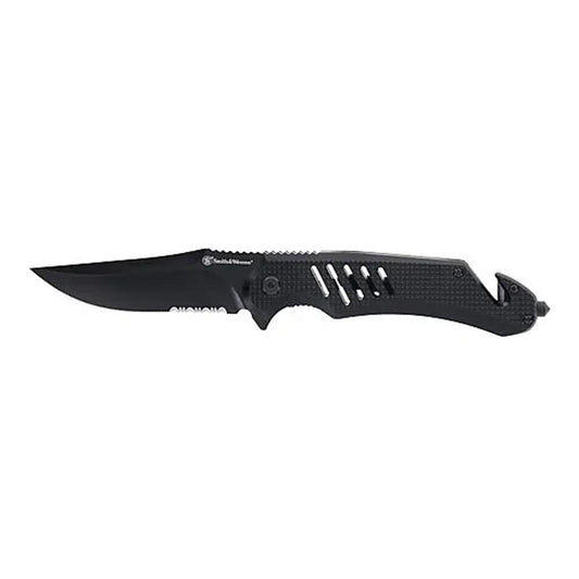 Battenfeld Knives Knives Battenfeld Knives Smith & Wesson Extreme Ops Folding Knife 3-1/2" Clip Point Blade Black with Glass Breaker and Strap Cutter