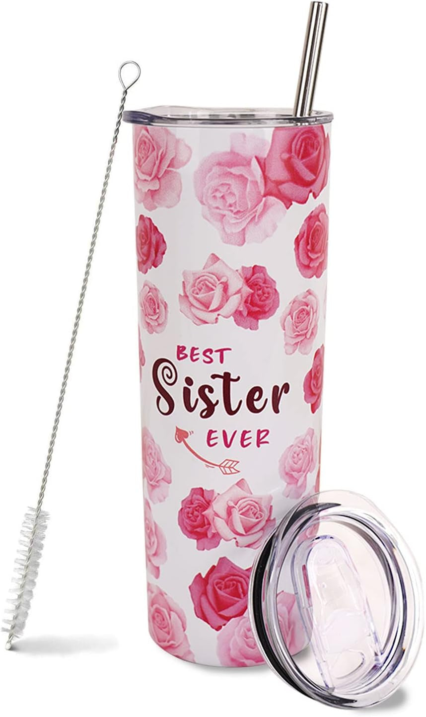 Sister Tumbler-Sisters Gift from Sister,Pink Cute Floral Tumbler with Lid and Straw,Sister Birthday Gifts from Sister,Best Sister Ever Gifts,Travel Iced Coffee Cup Mug 20 Oz Tumbler