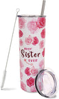 Sister Tumbler-Sisters Gift from Sister,Pink Cute Floral Tumbler with Lid and Straw,Sister Birthday Gifts from Sister,Best Sister Ever Gifts,Travel Iced Coffee Cup Mug 20 Oz Tumbler