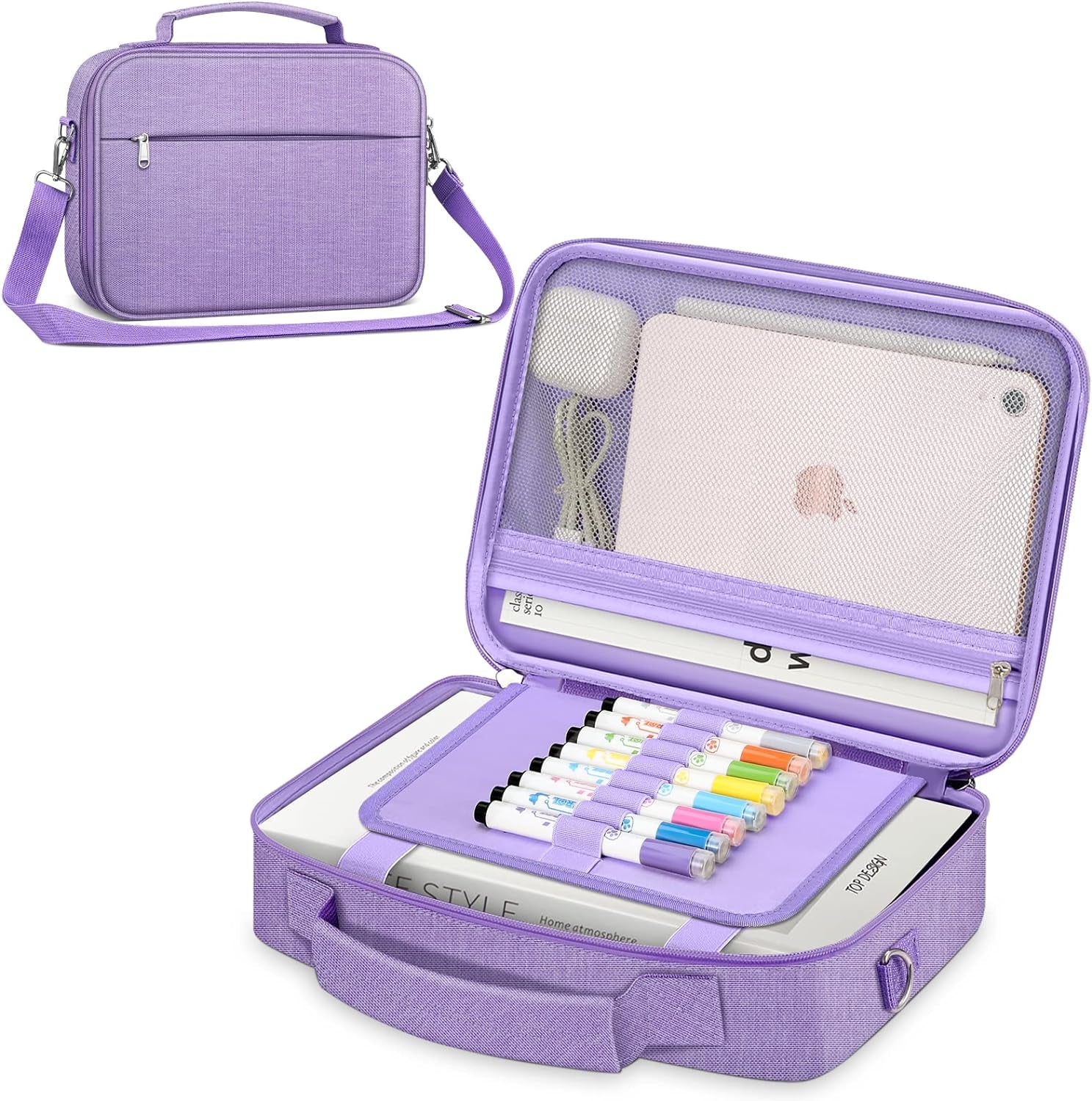 FINPAC Large Bible Cover W/Shoulder Strap, Carrying Book Case Church Bag Bible Protective W/Pen Slots and Zippered Pocket, Gift for Women Lady, Lilac