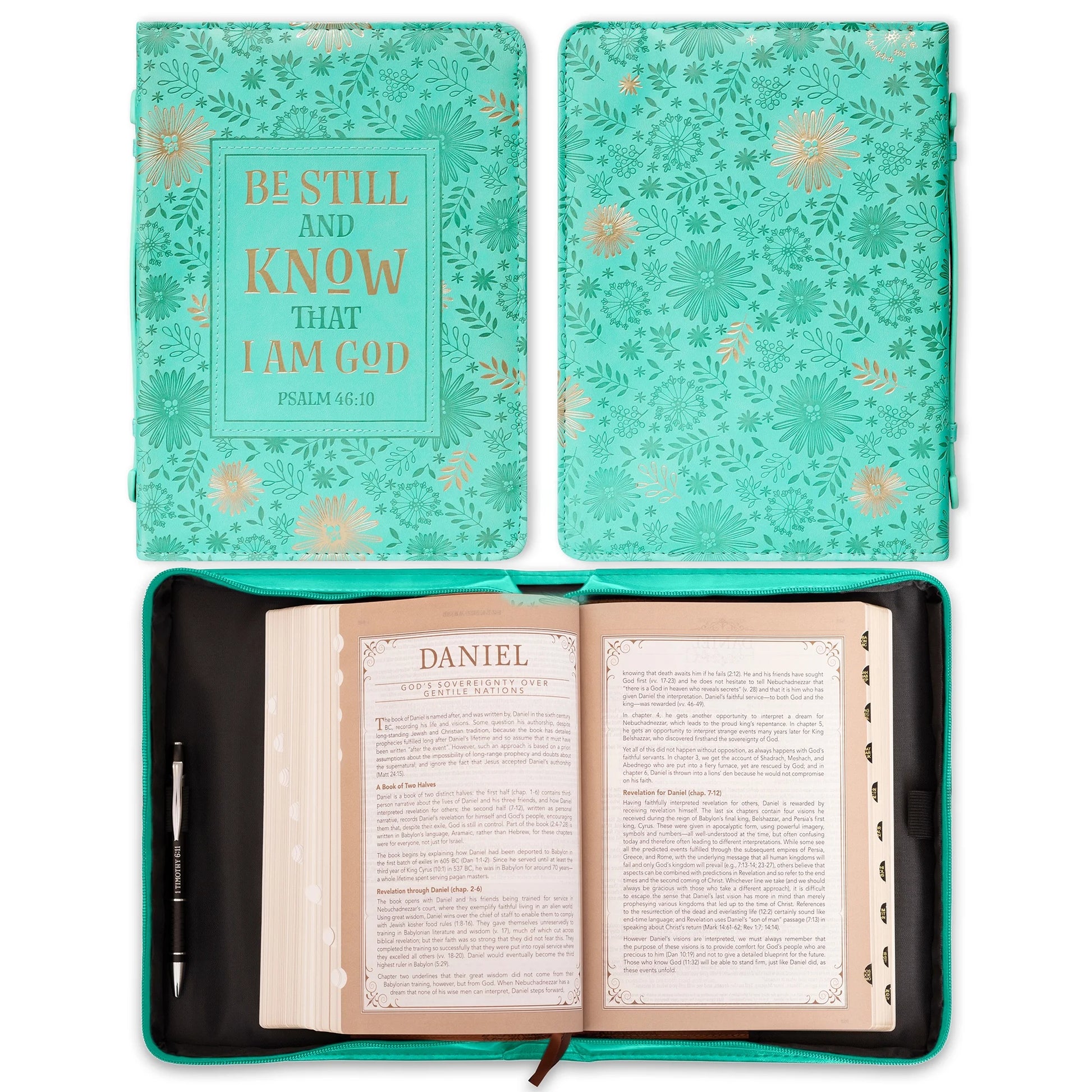 Christian Art Gifts Women'S Fashion Bible Cover Be Still and Know Psalm 46:10, Turquoise/Gold Floral Faux Leather, Large