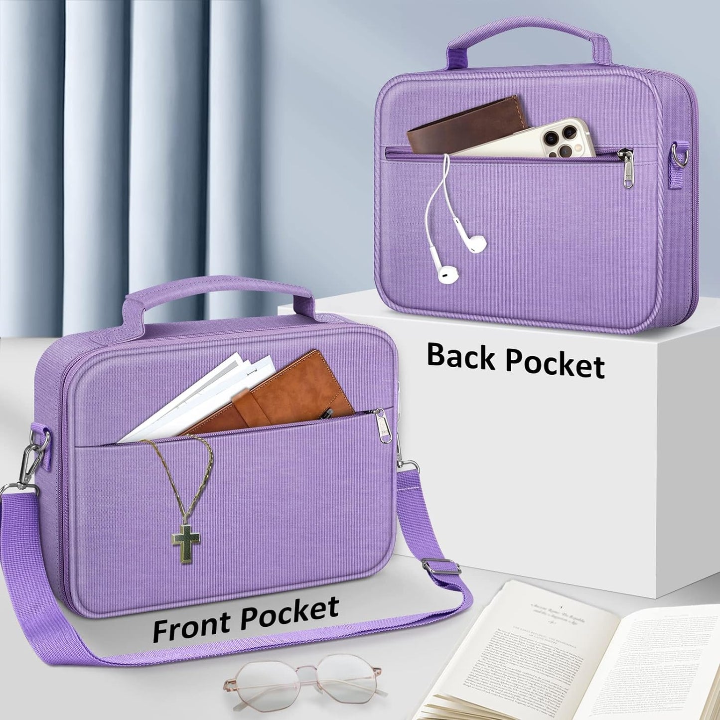 FINPAC Large Bible Cover W/Shoulder Strap, Carrying Book Case Church Bag Bible Protective W/Pen Slots and Zippered Pocket, Gift for Women Lady, Lilac