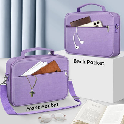 FINPAC Large Bible Cover W/Shoulder Strap, Carrying Book Case Church Bag Bible Protective W/Pen Slots and Zippered Pocket, Gift for Women Lady, Lilac