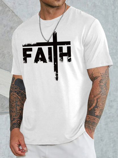 Large Men's Casual Fashion Sports T-shirt, Faith Pattern Round Neck Comfortable T-shirt Summer Clothing
